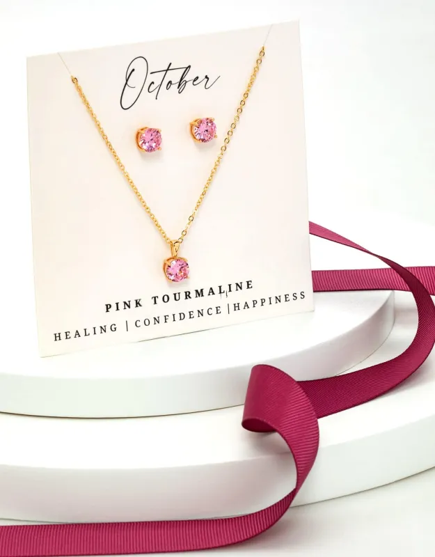 Gold Pink Tourmaline - October Swarovski Crystal Necklace Earrings – Cz Birthstone Stud Earring Circular Pendant Set sold by Zulily