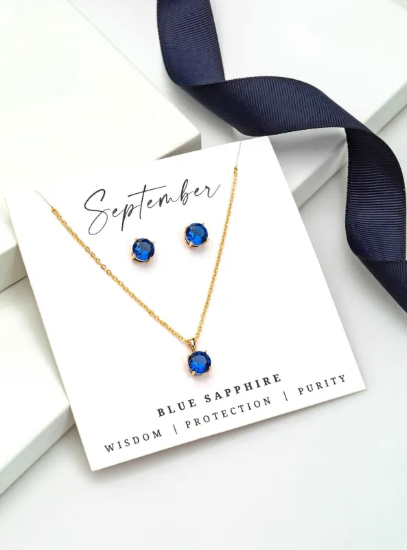 Gold Blue Sapphire - September Swarovski Crystal Necklace Earrings – Cz Birthstone Stud Earring Circular Pendant Set sold by Zulily