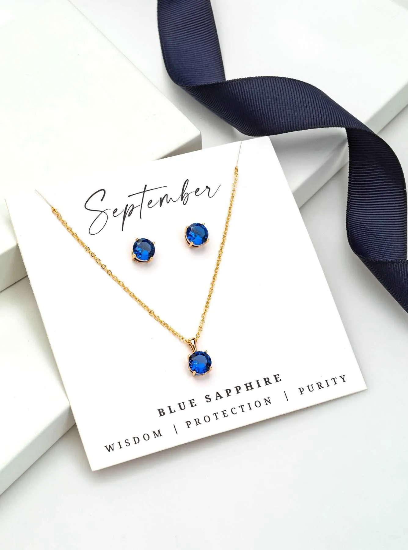 Gold Blue Sapphire - September Swarovski Crystal Necklace Earrings – Cz Birthstone Stud Earring Circular Pendant Set sold by Zulily