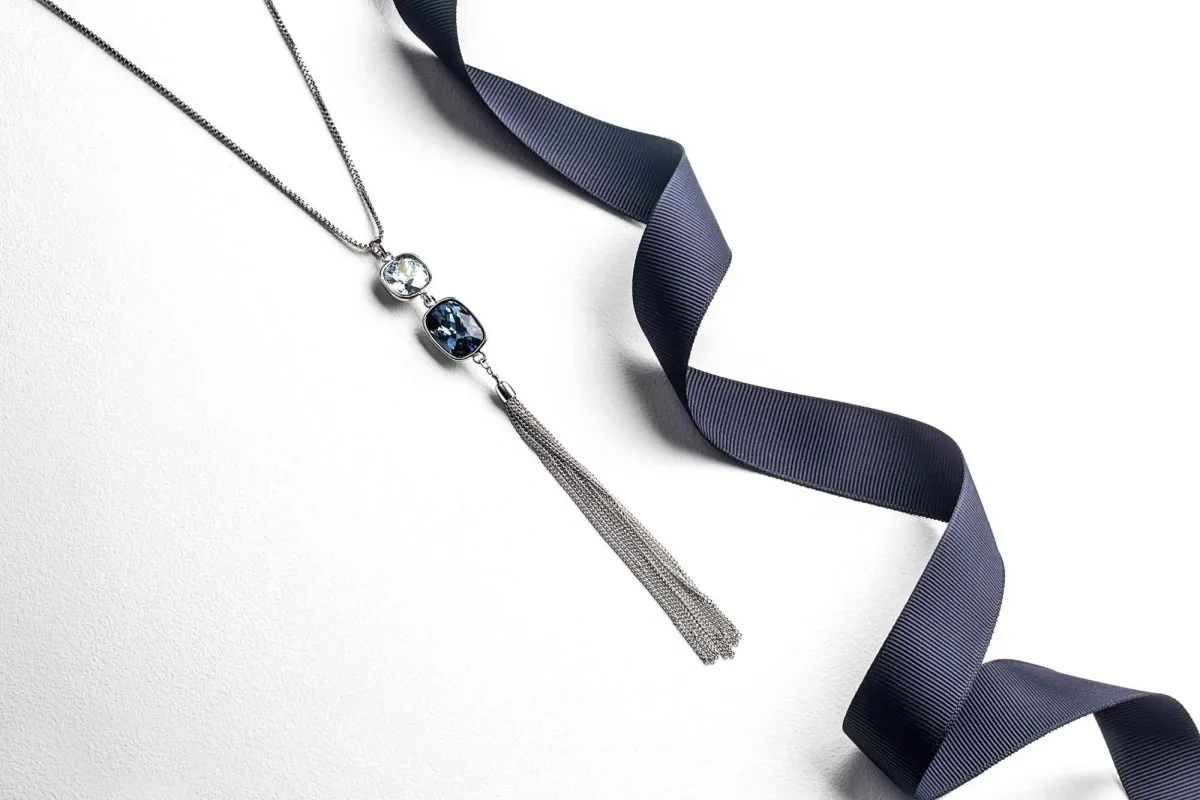 Montana Blue Shade Swarovski Crystal Necklace – Double Crystal Tassled Pendant Necklace sold by Zulily