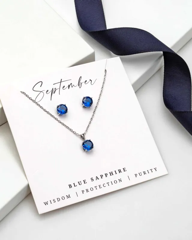 Silver Blue Sapphire - September Swarovski Crystal Necklace Earrings – Cz Birthstone Stud Earring Circular Pendant Set sold by Zulily