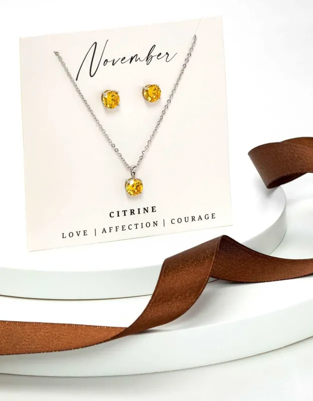 Silver Citrine- November Swarovski Crystal Necklace Earrings – Cz Birthstone Stud Earring Circular Pendant Set sold by Zulily