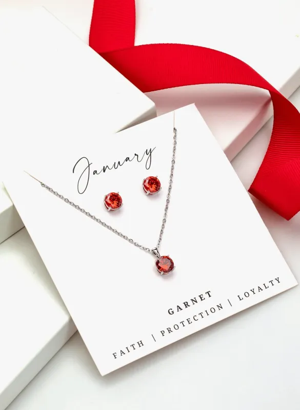Silver Garnet - January Swarovski Crystal Necklace Earrings – Cz Birthstone Stud Earring Circular Pendant Set sold by Zulily