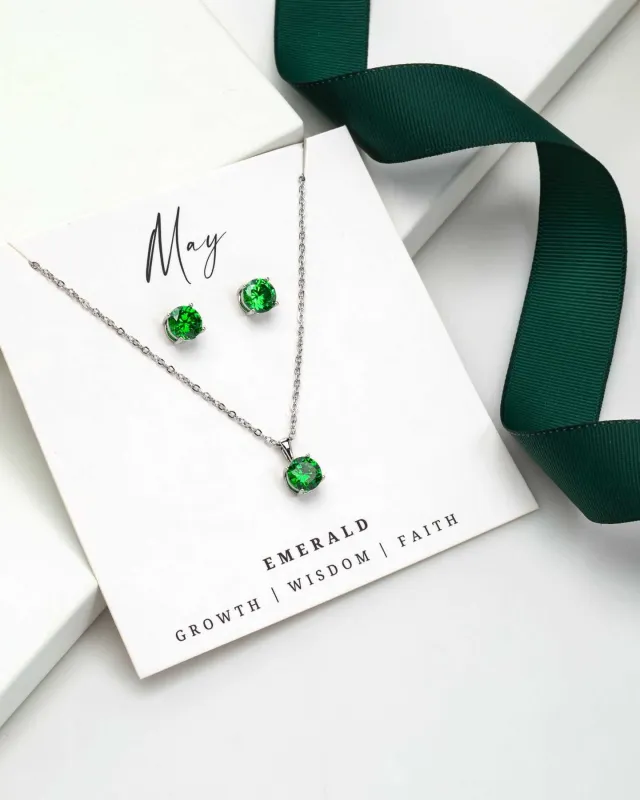 Silver Emerald - May Swarovski Crystal Necklace Earrings – Cz Birthstone Stud Earring Circular Pendant Set sold by Zulily