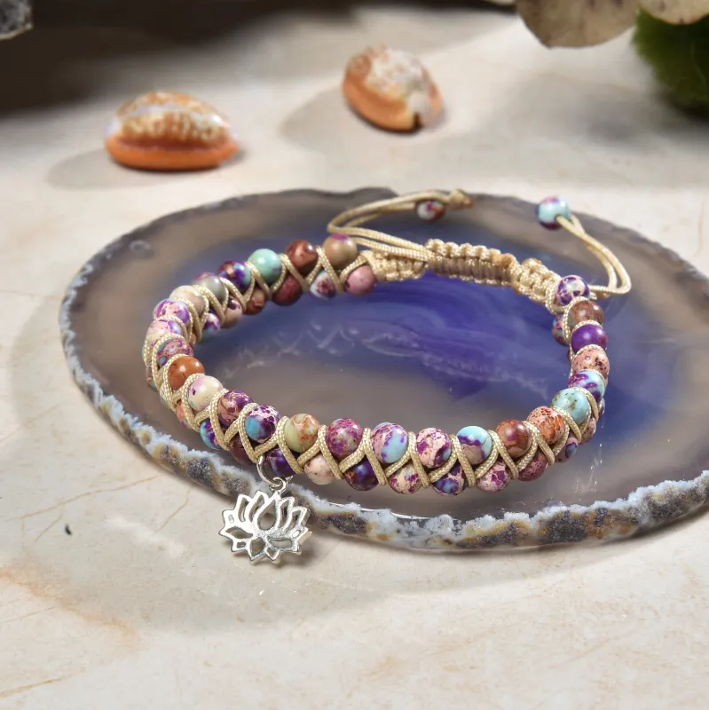 MGR Women's Adjustable Colorful Stone Macramé Bracelet with Lotus Charm made by Zulily