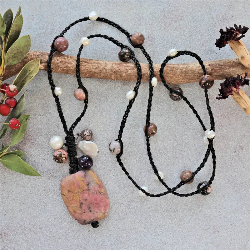 MGR Women's Rhodonite Pendant & Pearl Beaded Cord Necklace sold by Zulily