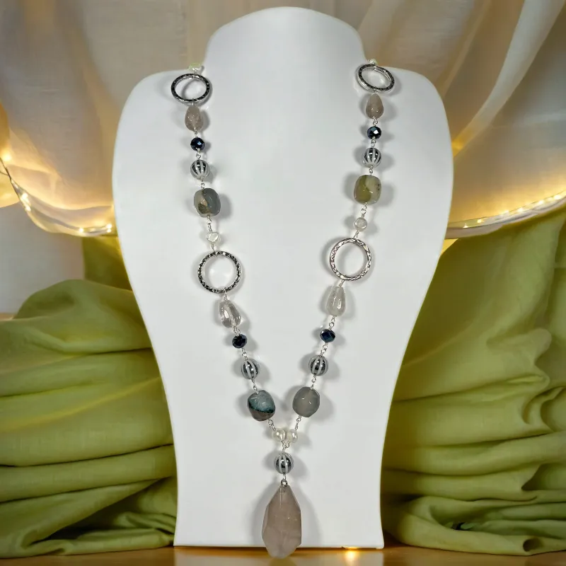 MGR Women's Long Necklace with Agate, Crystal Accents, and Silver Rings Featuring a Raw Smooky Quartz Pendant. Jewelry sold by Zulily
