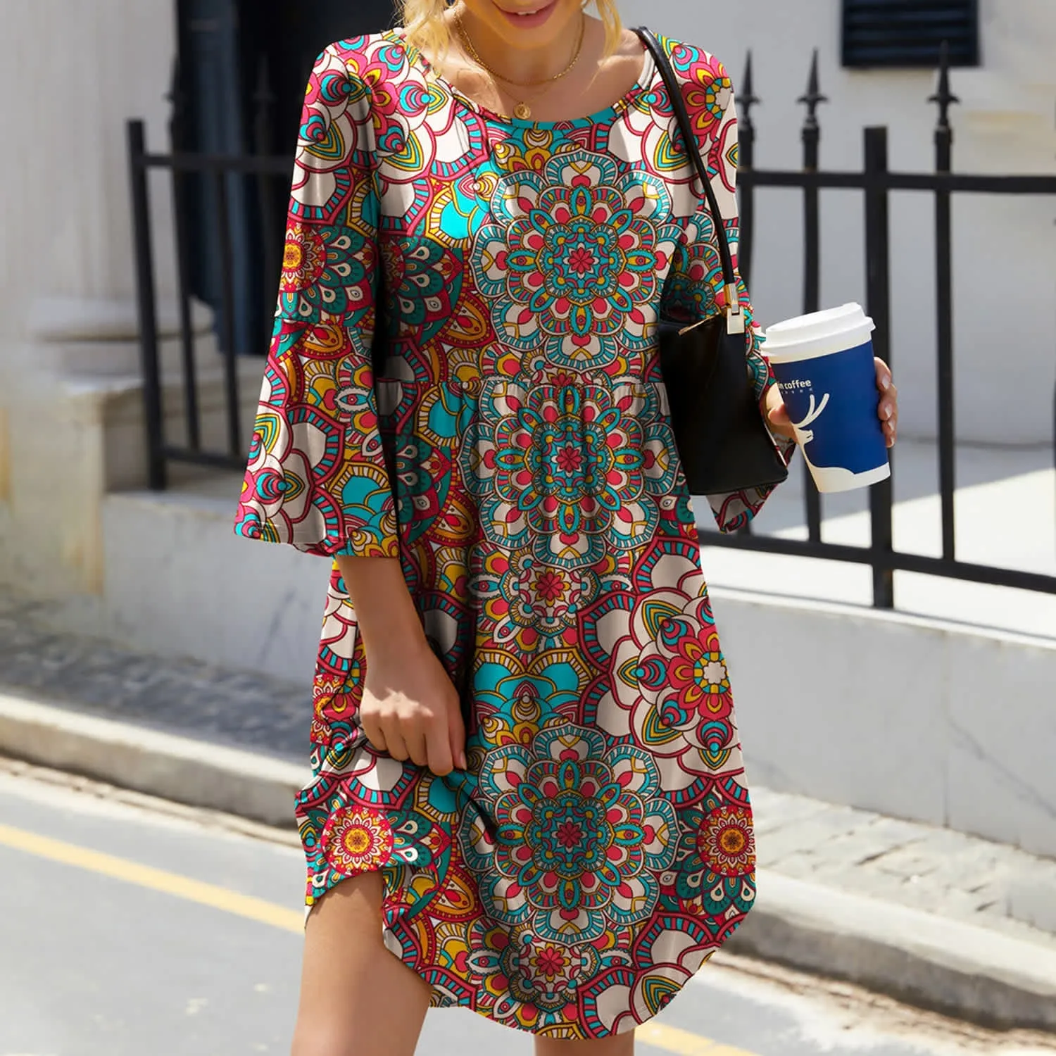 Multi Color Mandala Floral Print Round Neck Three-Quarter Sleeve Dress sold by Zulily
