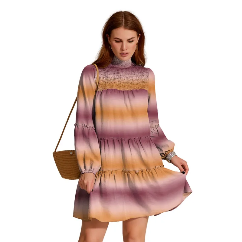 Orange & Dark Pink Ombre Print Smocked Turtleneck Balloon Sleeve Mini Dress sold by Zulily