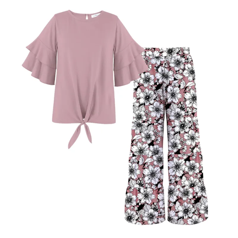Dusty Pink Knot-Hem Top & Floral Print Tiered Pants sold by Zulily
