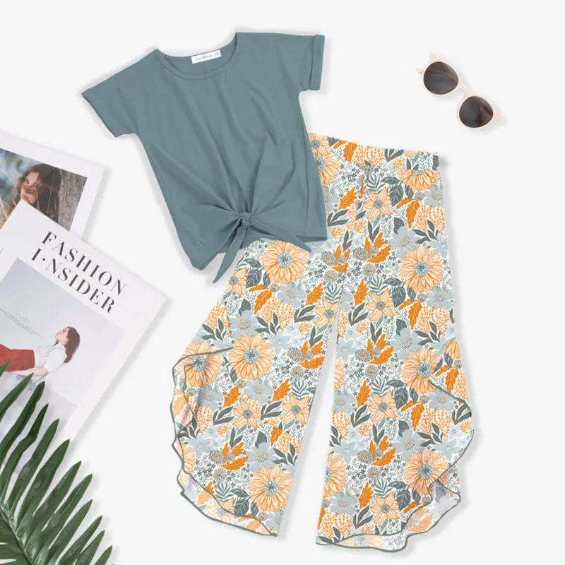 Dusty Turquoise Knot-Front Top & Orange Floral Leaf Print Wide-Leg Pants sold by Zulily