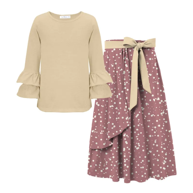 Cream Ruffle Long-Sleeve Top & Dusty Pink Polka Dot Print Bow-Accent Maxi Skirt sold by Zulily