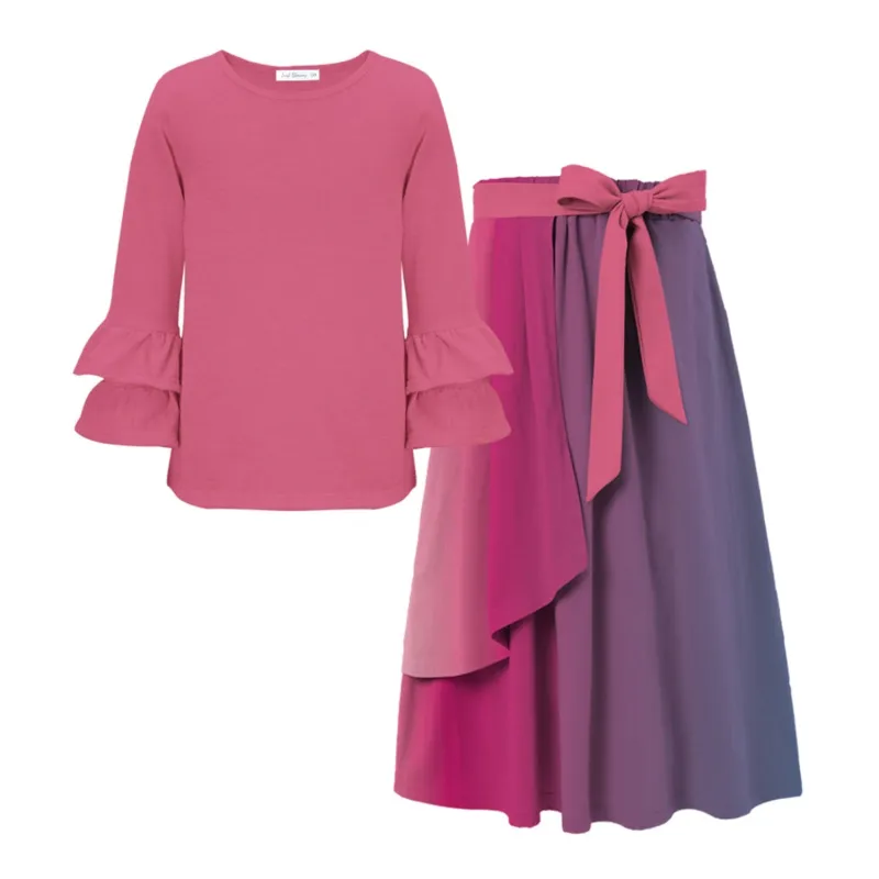 Pink Ruffle Long-Sleeve Top & Ombre Print Bow-Accent Maxi Skirt sold by Zulily