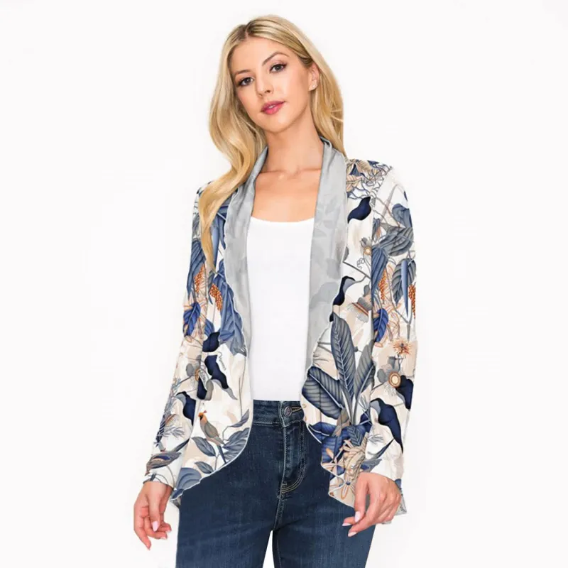 Blue Floral Leaf Print Open Front Long Sleeve Cardigan sold by Zulily