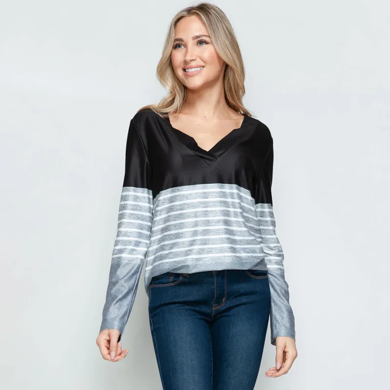 Black & Grey Stripe Print V-Neck Long Sleeve T-Shirt sold by Zulily