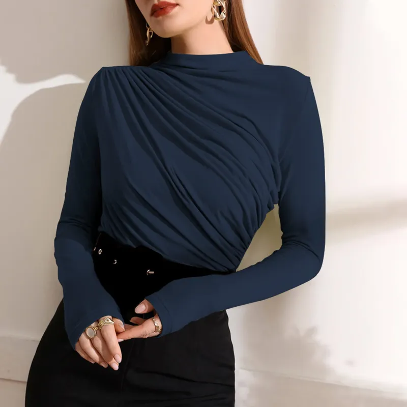 Dark Blue Ruched Mock Neck Long Sleeve T-Shirt sold by Zulily