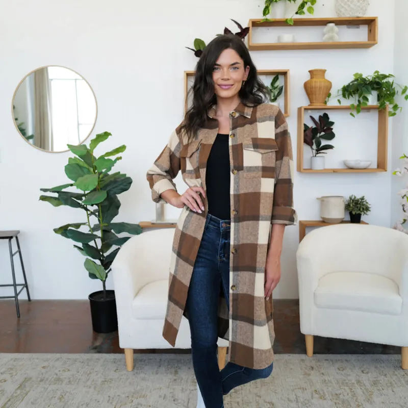 Brown Plaid Collared Neck Long Sleeve Longline Jacket sold by Zulily