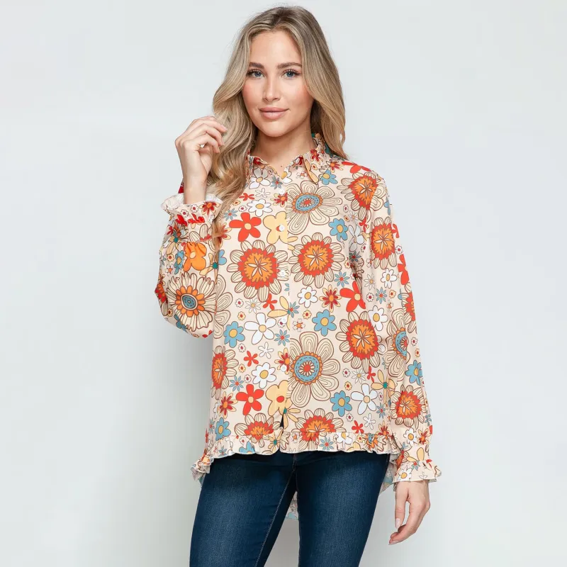 Orange Floral Print Collared Neck Ruffle-Accent Long Sleeve Shirt sold by Zulily