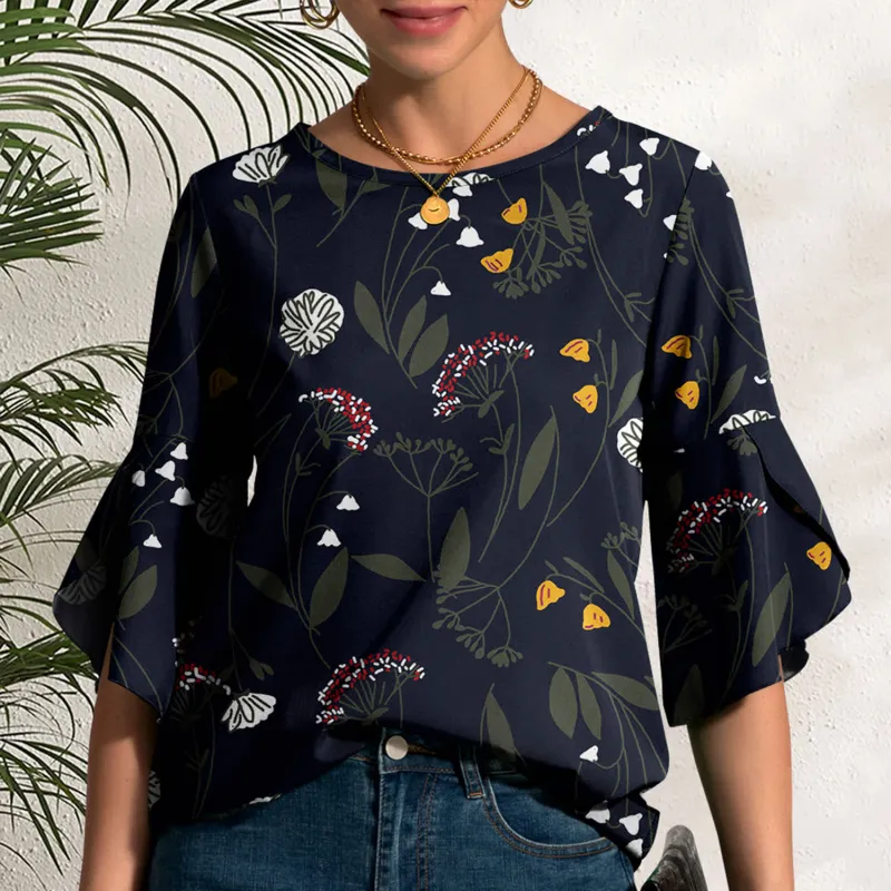 Dark Blue Floral Leaf Print Round Neck Tulip-Sleeve Top sold by Zulily