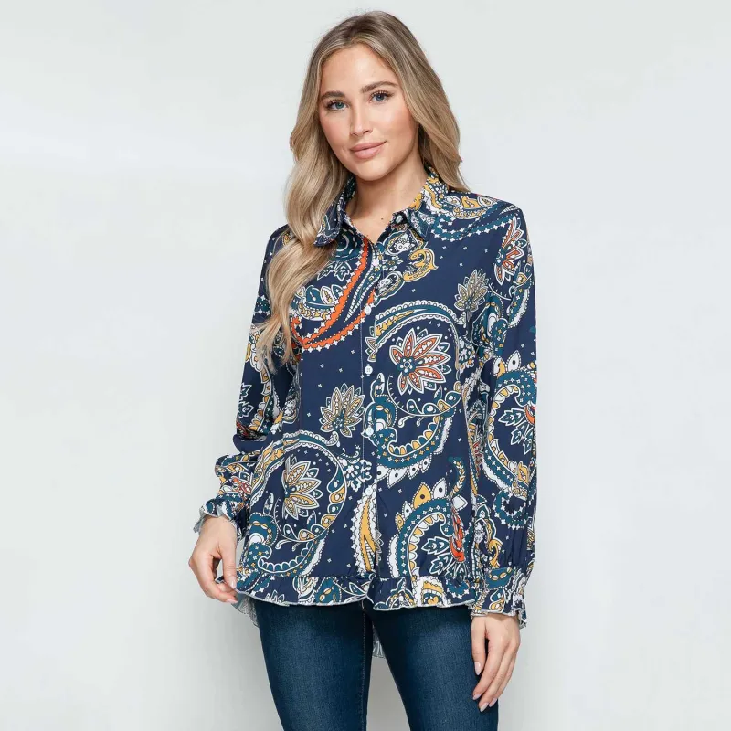 Dark Blue Paisley Print Collared Neck Ruffle-Accent Long Sleeve Shirt sold by Zulily