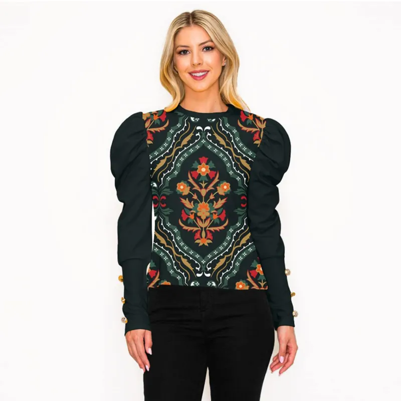 Dark Green Floral Print Puff Sleeve Long Sleeve T-Shirt sold by Zulily