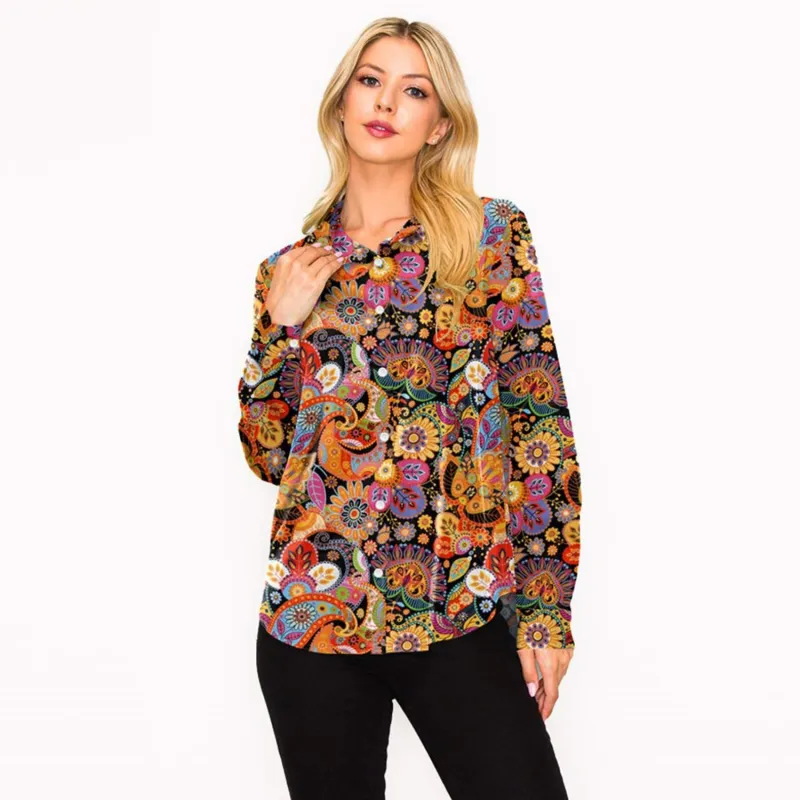 Multi Color Paisley Floral Print Collared Neck Long Sleeve Shirt sold by Zulily