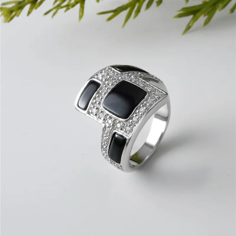 Vera & Co Sterling Silver Blocks Onyx Stone Inlaid with CZ Women Ring size 9 sold by Zulily