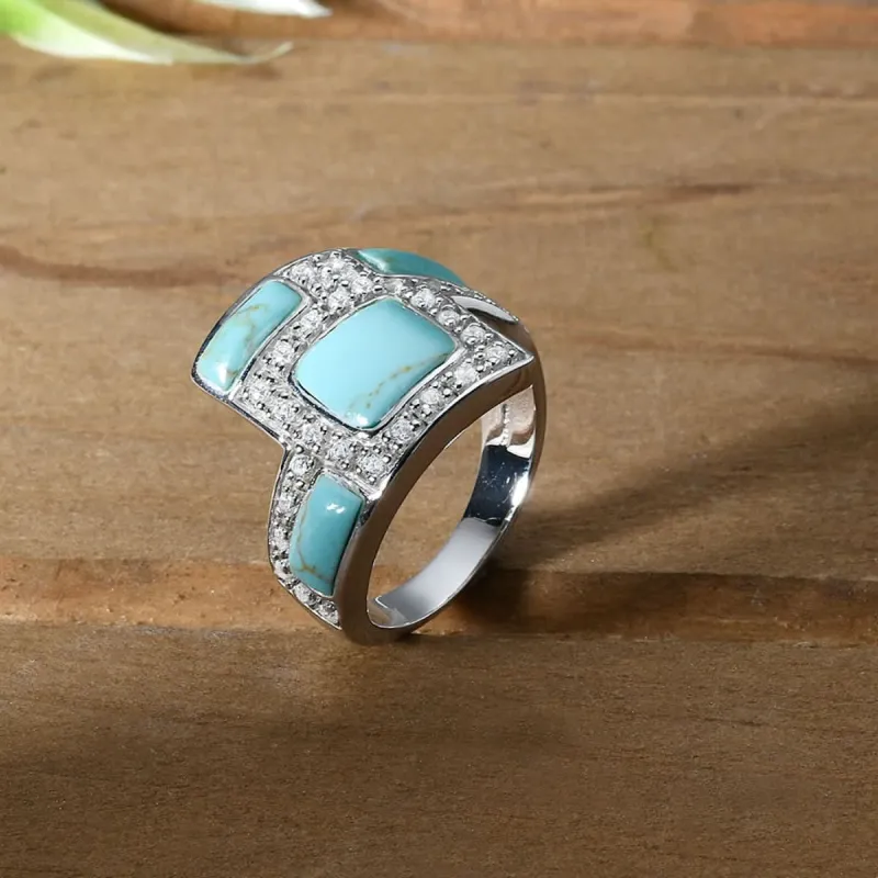 Vera & Co Sterling Silver Blocks Faux Turquoise Stone Inlaid with CZ Women Ring size 8 sold by Zulily