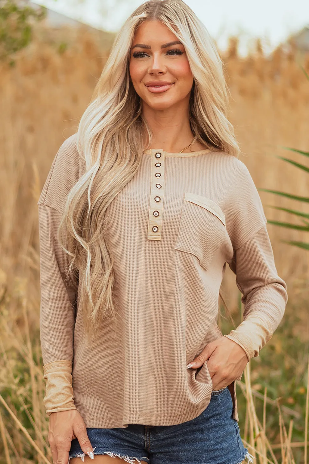 Threaded Pear Blake Waffle Textured Tunic Henley Top with Slits sold by Zulily product image thumbnail 5