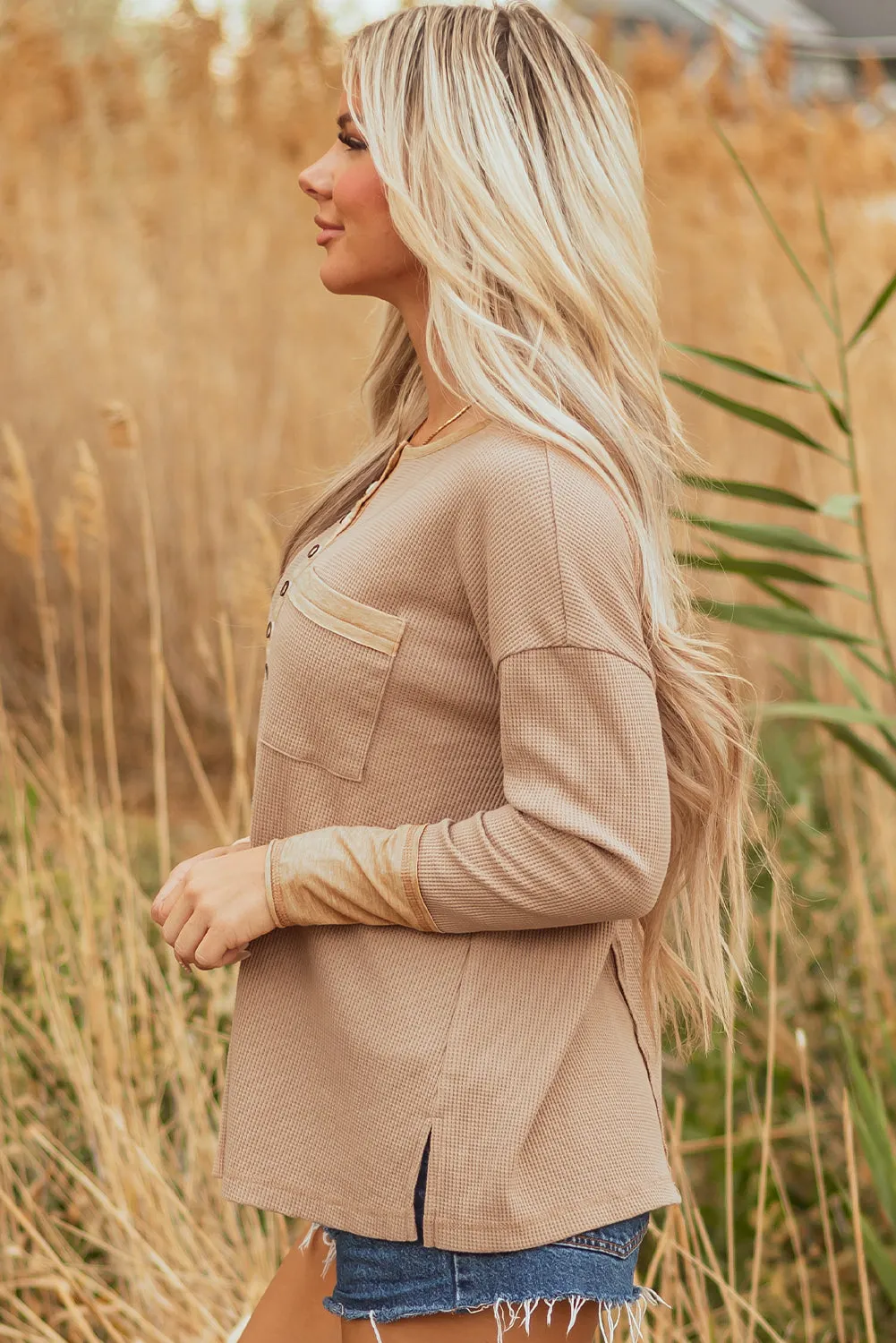 Threaded Pear Blake Waffle Textured Tunic Henley Top with Slits sold by Zulily product image thumbnail 3