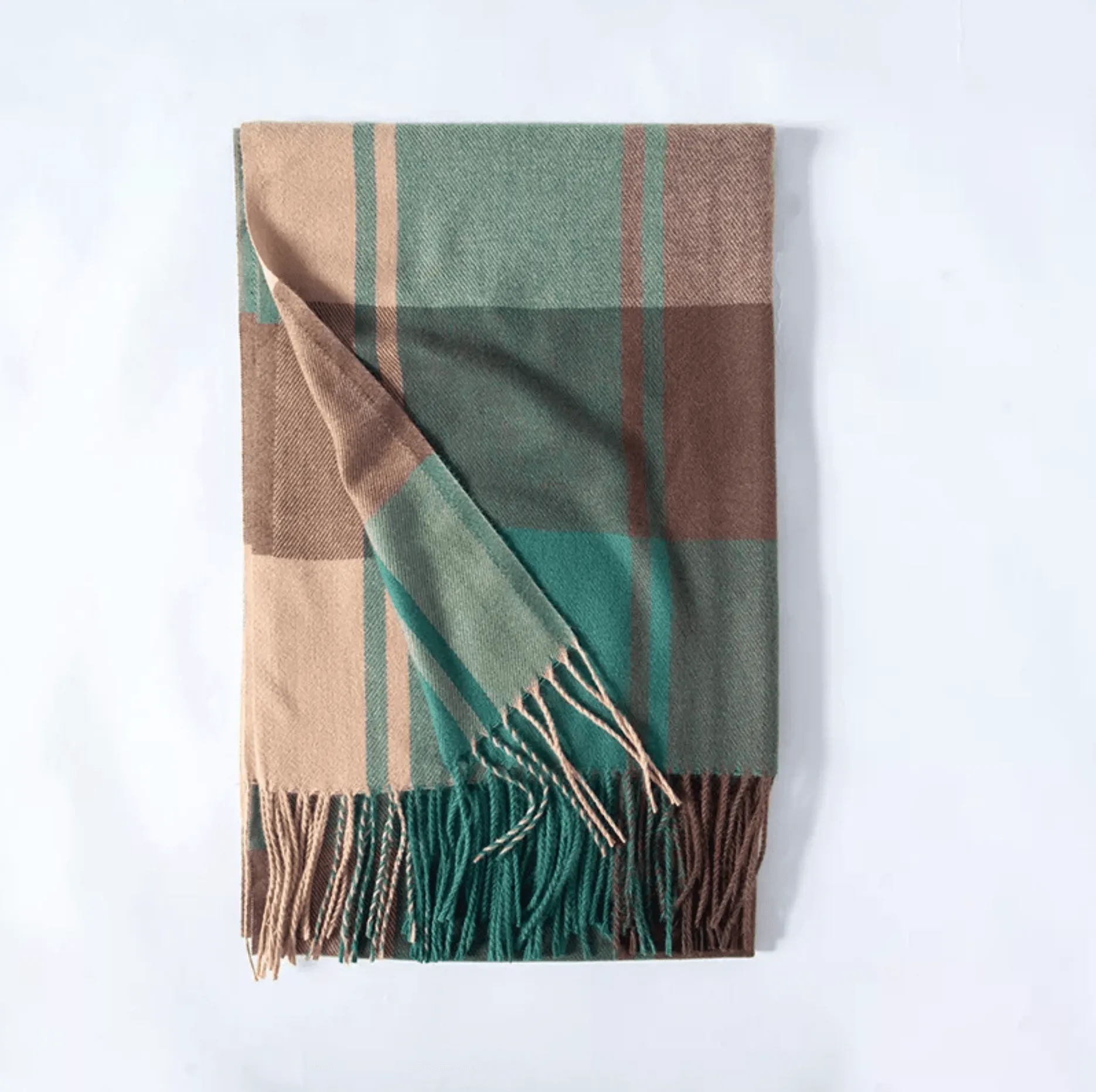 Cozy Plaid Fringe Trimmed Scarf in Emerald Chocolate sold by Zulily