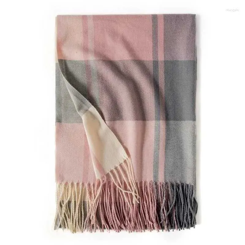 Cozy Plaid Fringe Trimmed Scarf in Grey Pink sold by Zulily