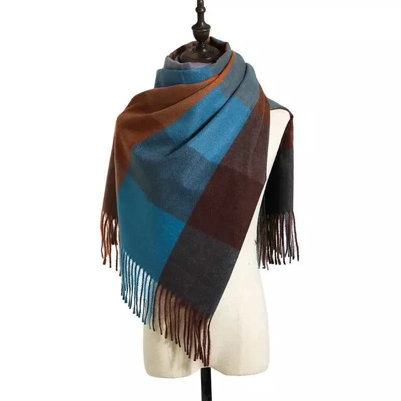 Cosy Plaid Scarf With Tassels in Blue Brown sold by Zulily