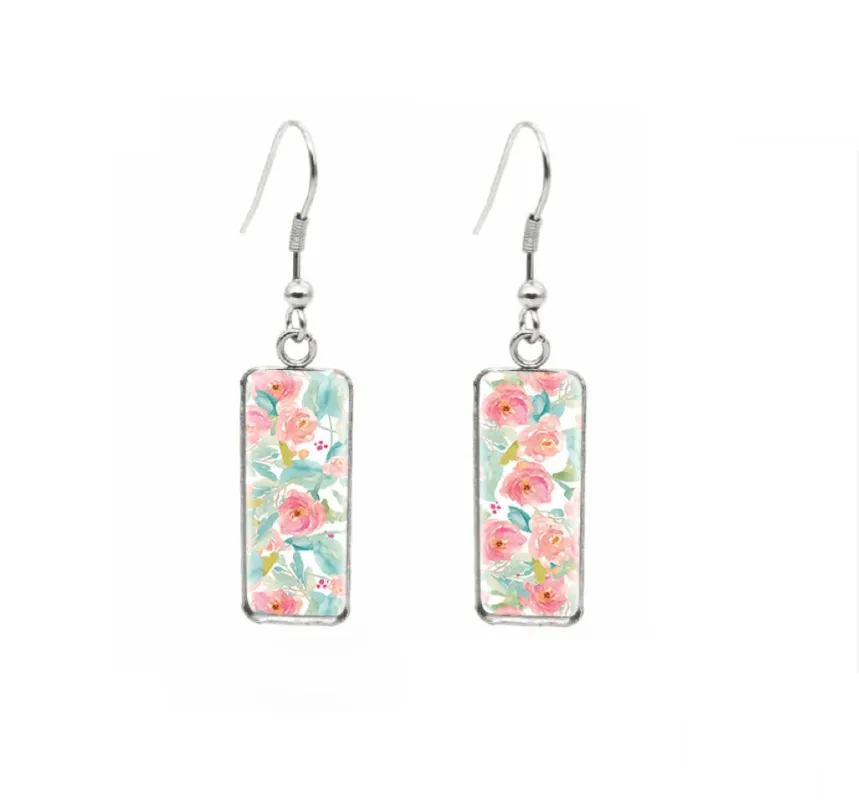 Don't AsK Rectangular Art-Print Drop Earrings – Pastel Pink Flowers – Lightweight Dangle Earrings for Women sold by Zulily