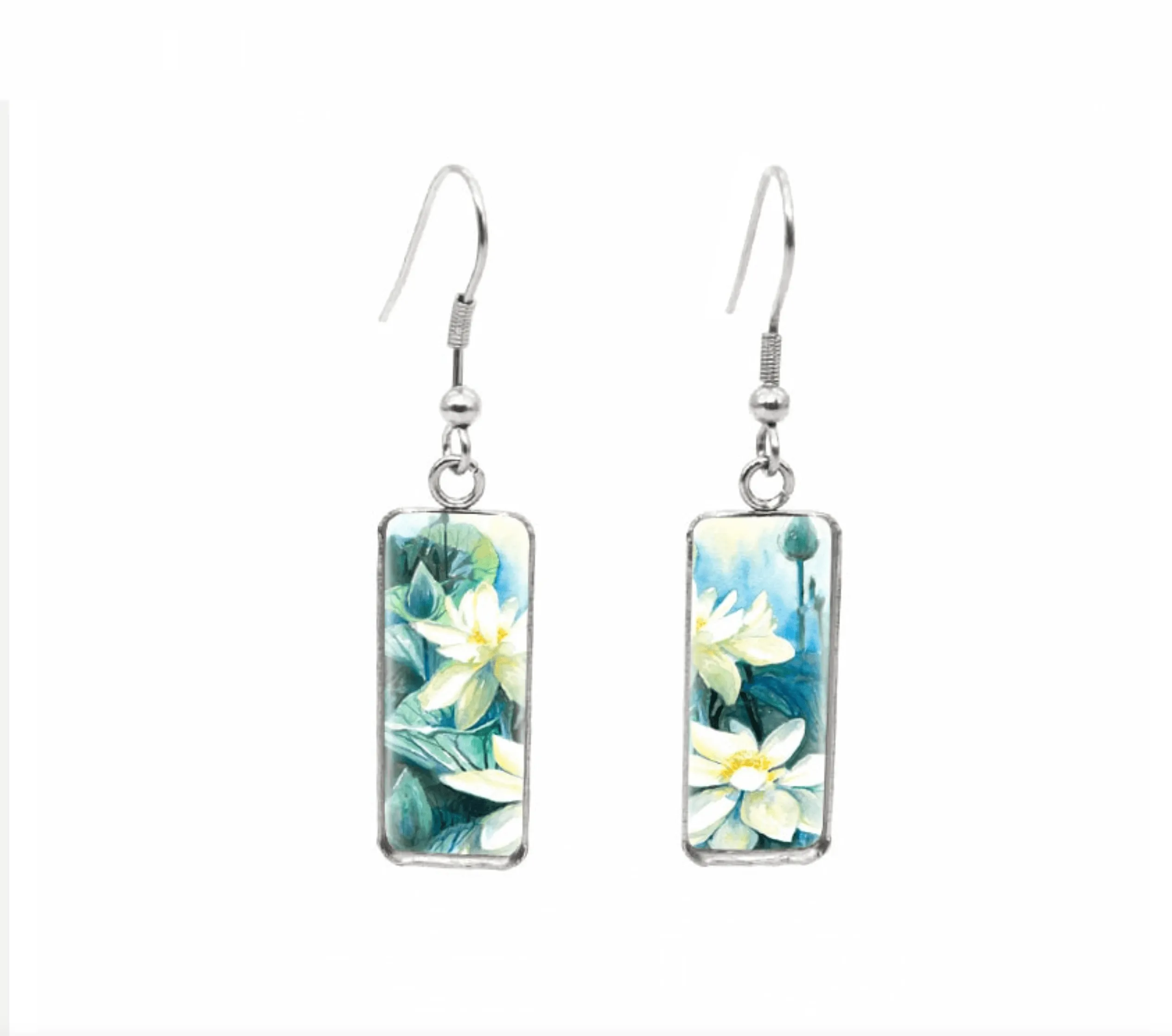 Don't AsK Rectangular Art-Print Drop Earrings – White Watercolor Flowers – Lightweight Dangle Earrings for Women sold by Zulily