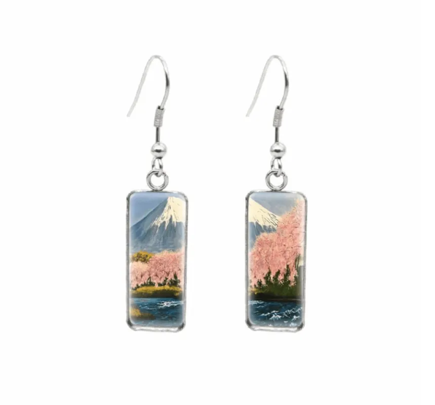 Don't AsK Rectangular Art-Print Drop Earrings – Mountains & Cherry Blossom Trees – Lightweight Dangle Earrings for Women sold by Zulily
