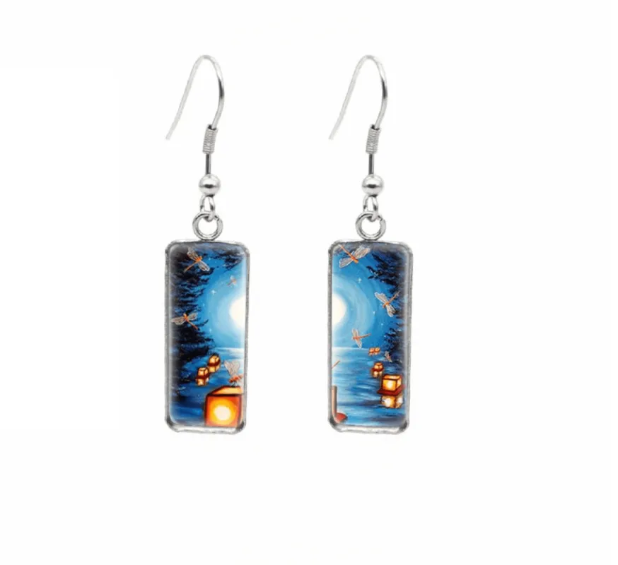 Don't AsK Rectangular Art-Print Drop Earrings – Lanterns on Water at Night – Lightweight Dangle Earrings for Women sold by Zulily