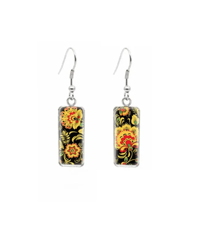 Don't AsK Rectangular Art-Print Drop Earrings – Black Yellow Floral – Lightweight Dangle Earrings for Women sold by Zulily