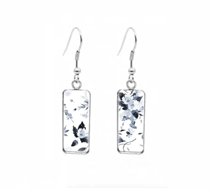 Don't AsK Rectangular Art-Print Drop Earrings – Blue Floral – Lightweight Dangle Earrings for Women sold by Zulily