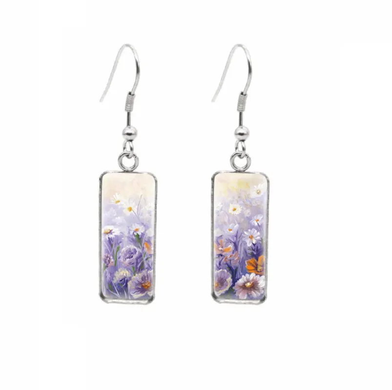 Don't AsK Rectangular Art-Print Drop Earrings – Purple Flowers in Field – Lightweight Dangle Earrings for Women sold by Zulily