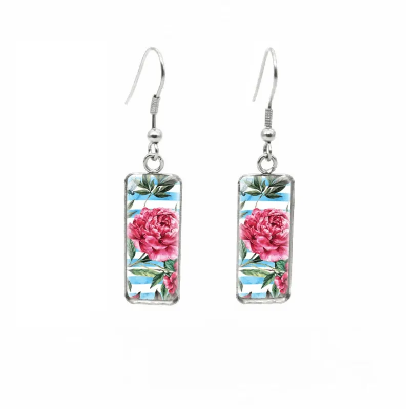 Don't AsK Rectangular Art-Print Drop Earrings – Striped Pink Flower – Lightweight Dangle Earrings for Women sold by Zulily