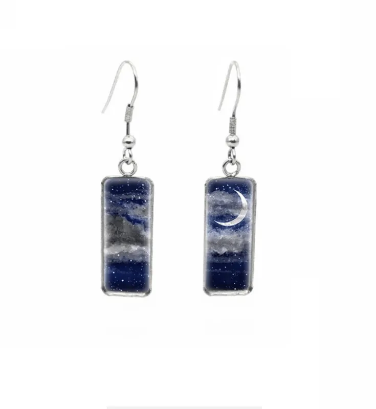 Don't AsK Rectangular Art-Print Drop Earrings – Night Sky with Crescent Moon – Lightweight Dangle Earrings for Women sold by Zulily