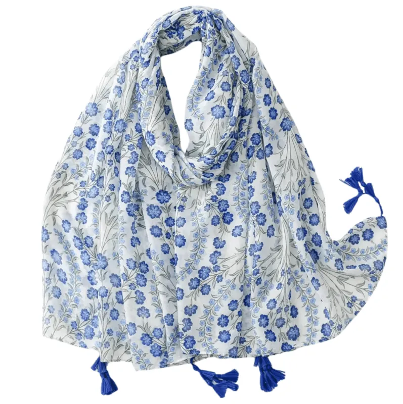 Delicate Blue Floral Print Tassel Scarf sold by Zulily