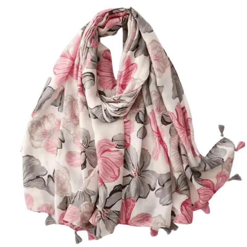 Delicate Pink and Grey Floral Print Tassel Scarf sold by Zulily