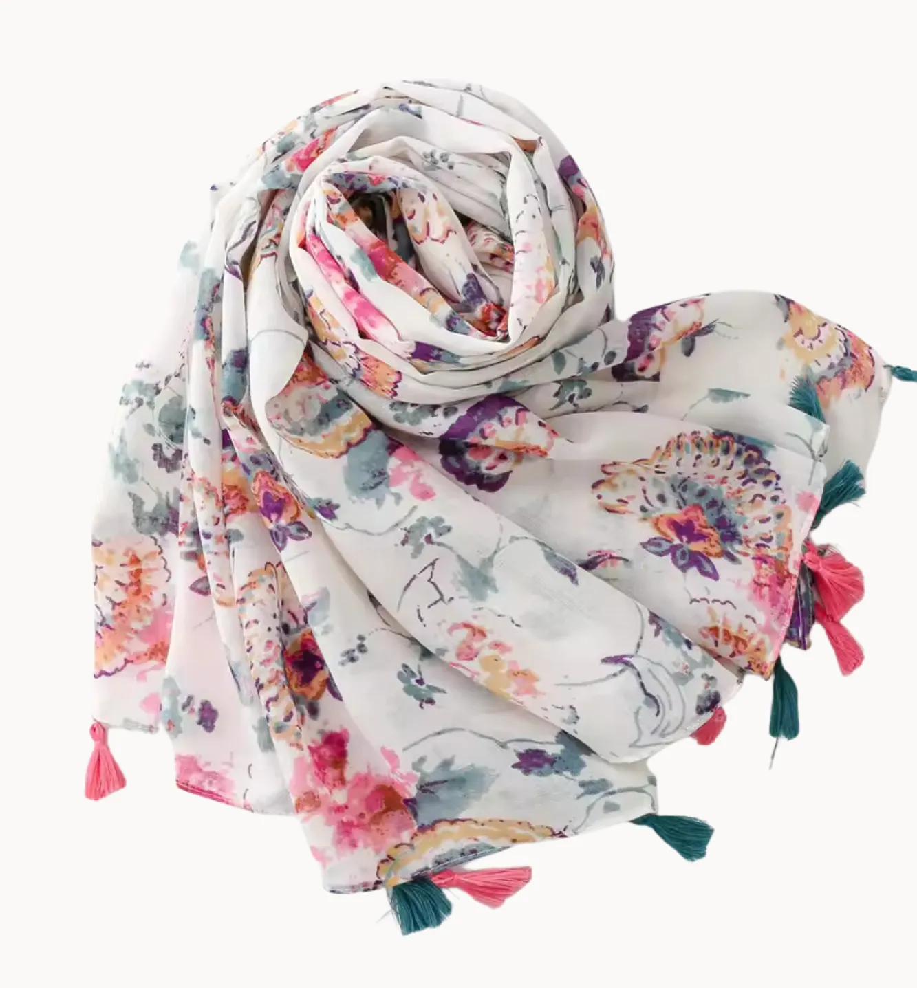 White and Watercolor Motif Scarf with Pink and Teal Tassel sold by Zulily product image thumbnail 2
