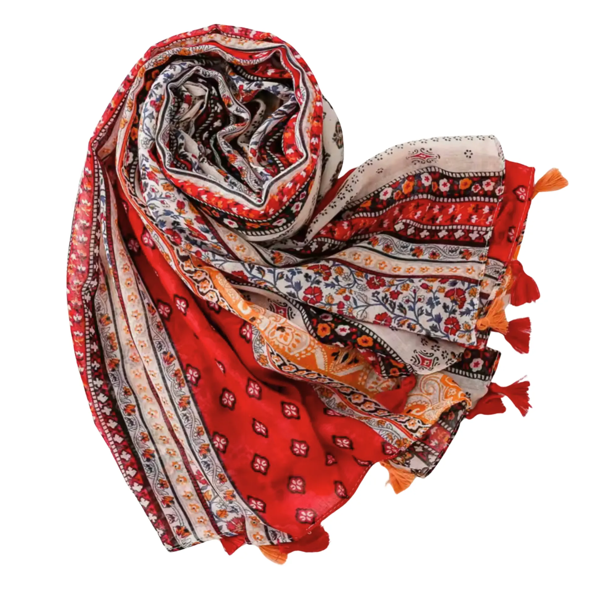 Vibrant Rich Red Tone and Floral Scarf with Tassels sold by Zulily product image thumbnail 2