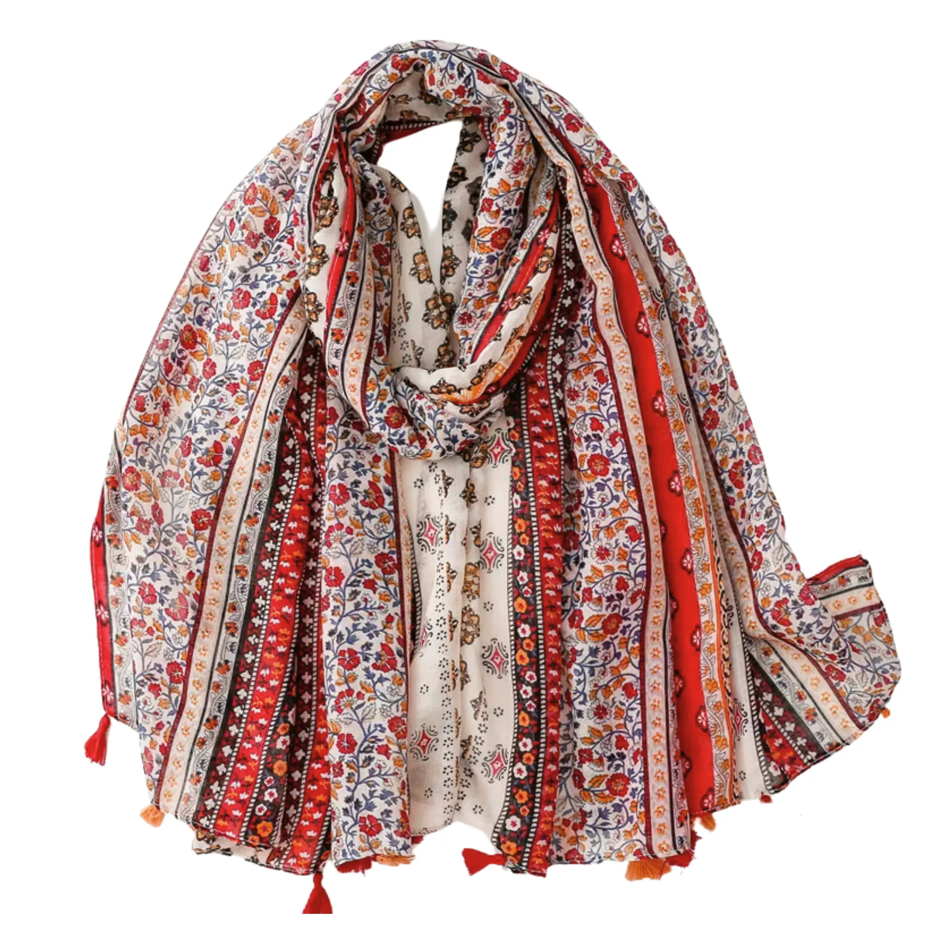 Vibrant Rich Red Tone and Floral Scarf with Tassels sold by Zulily