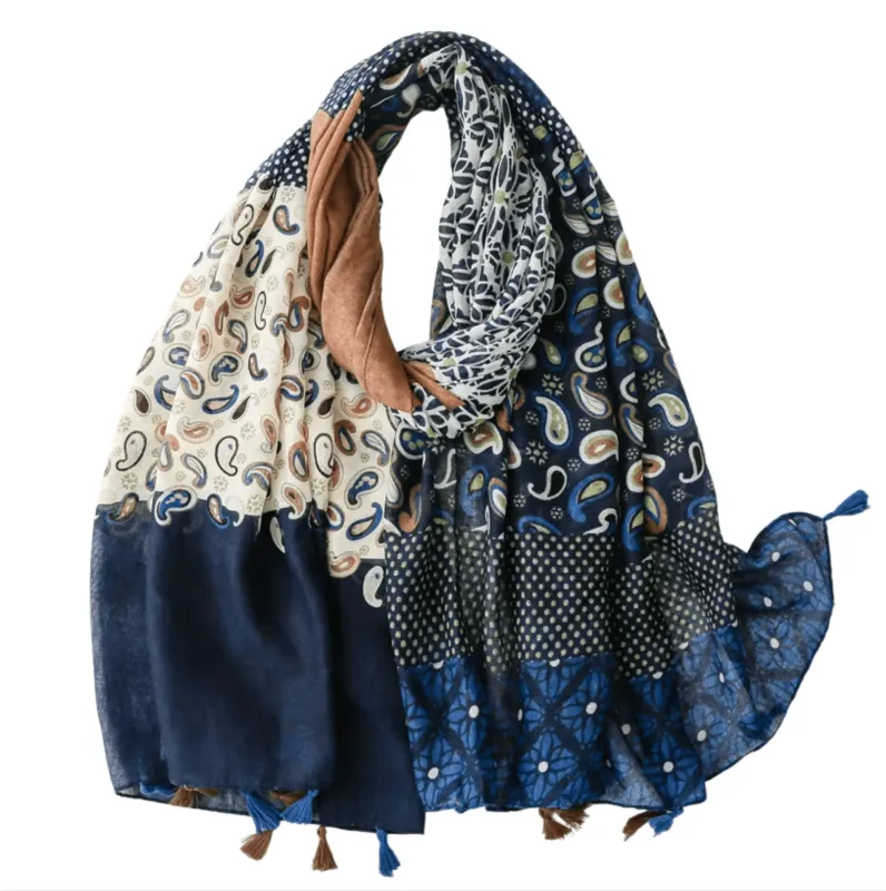 Vibrant Patchwork Inspired Navy and Earth Tone Scarf with Tassels sold by Zulily
