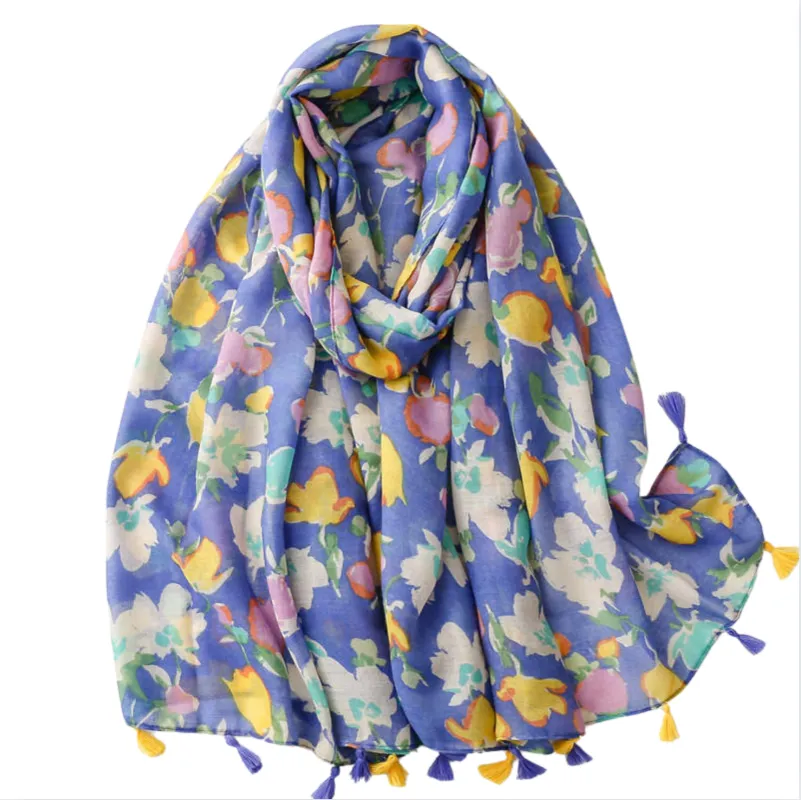 Watercolor Floral Scarf with Tassels in Blue and Yellow sold by Zulily