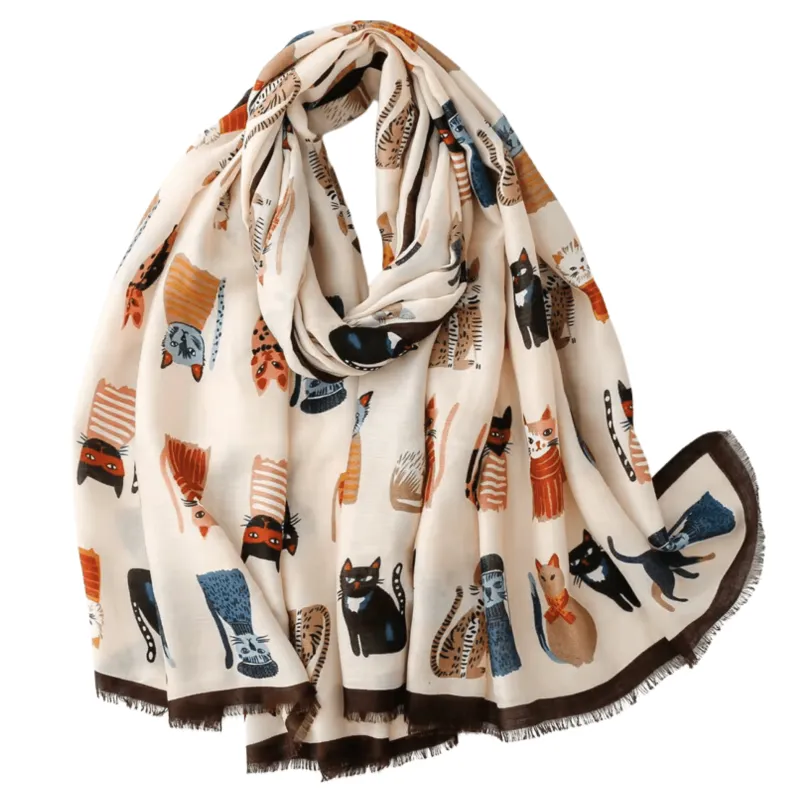 Whimsical Scarf with Adorable Cat Motif in Earthy and Neutral Tones sold by Zulily